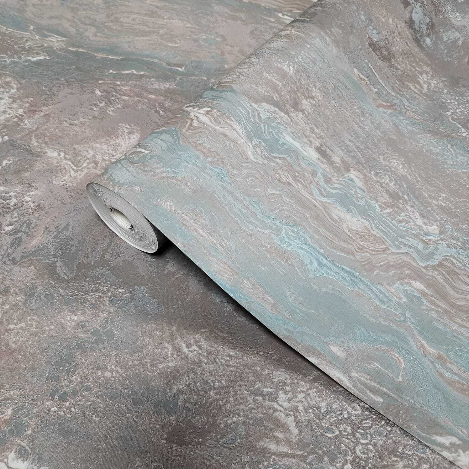 Teal Blue tan bronze metallic Striped faux onyx marble stone textured wallpaper