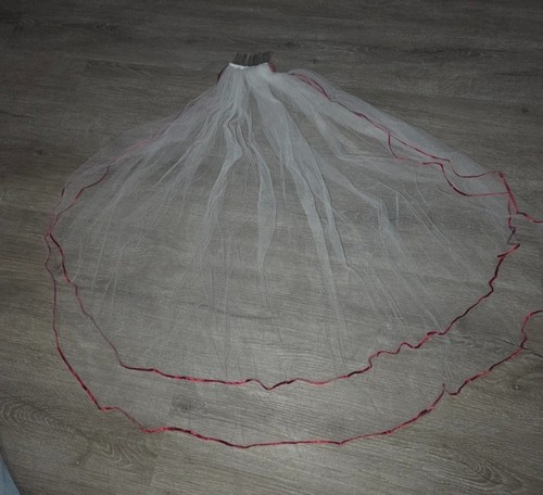 White Net Wedding Veil with Comb, Red Edge Trim, Fingertip Length