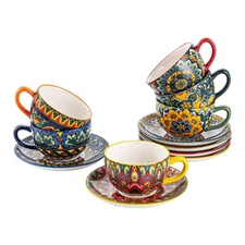 8.5 oz Cup with Saucers Set, Ceramic Coffee Mug Set of 6, Colorful Porcelain ...
