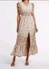 EXPRESS Chic Leopard Print Maxi Dress Ruffle Sleeve Smocked Sz Small Side Split