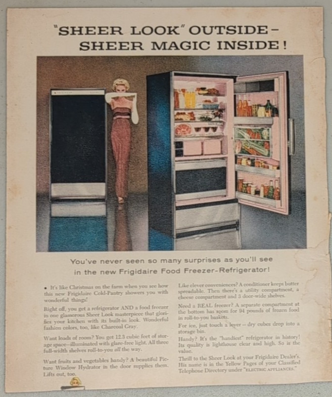 1957 Frigidaire Vintage Print Ad Refrigerator Freezer Appliance Blonde Model