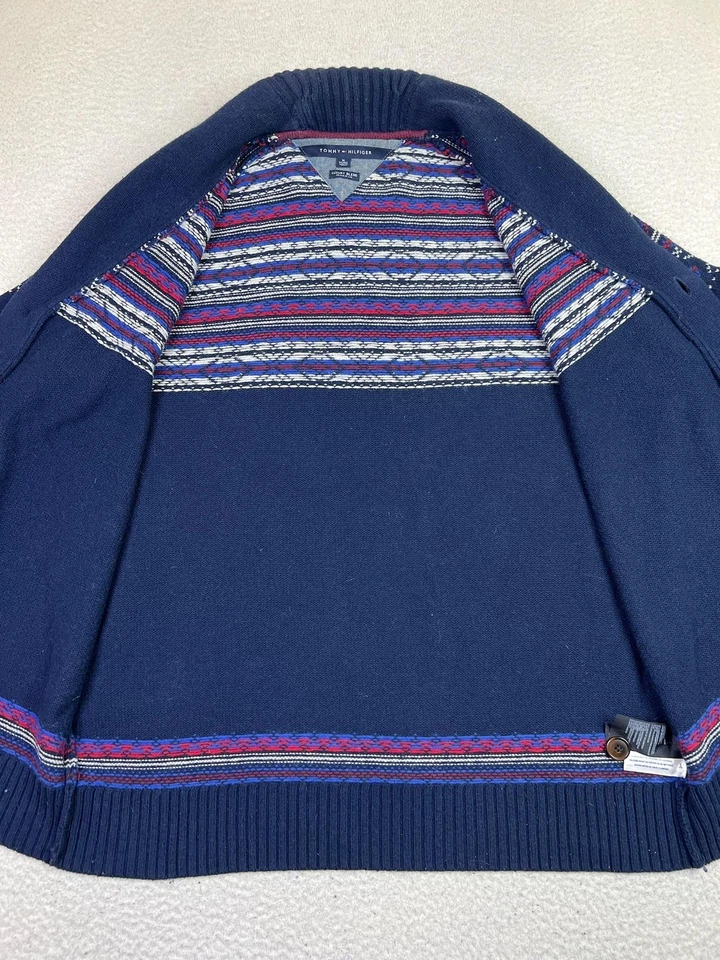 Tommy Hilfiger Sweater Mens XL Navy Shawl Collar Cardigan Fair Isle Pattern Knit - Image 4 of 4