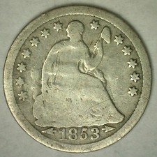 1853 Seated Liberty Silver Half Dime 1/2 10c US Type Coin Arrows Good Condition