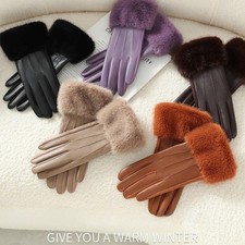 Women's Warm Plain Faux Fur Trim Gloves for Winter Touchscreen and Driving