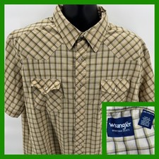 Wrangler Western Shirt Mens XXL Tan Green Plaid Pearl Snap Short Sleeve