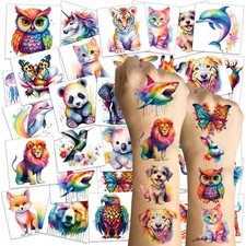 120 PCS Watercolor Animals Temporary Tattoo for Kids, Washable Animals Temp Tatt