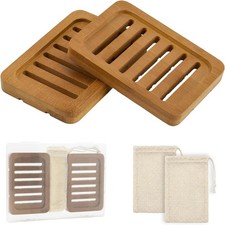 2PCS Self Draining Soap Holders, Rustic Slotted Bboo Dish Tray, Easy