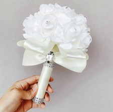 White Artificial Rose Wedding Bouquet with Rhinestone Handle and Ribbon