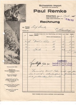 Aj1-Alte Rechnung Paul Remke Schwamm- Import Elberfeld 1930