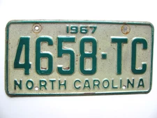 1967 NORTH CAROLINA NC LICENSE PLATE TAG,  ALL ORIGINAL VINTAGE, NICE