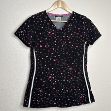 NWOT Heartsoul Heart Print Scrub Top Size Small Black Pink Flattering Sides
