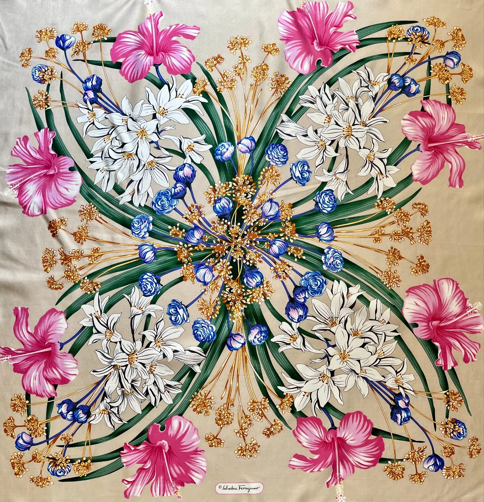 Salvatore Ferragamo Silk Scarf Logo Floral Garden Beige Pink Multicolor Wrap