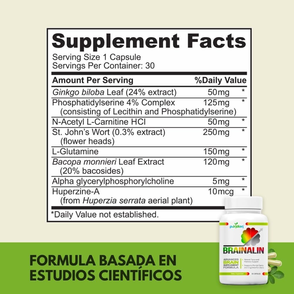 Vitaminas para El Cerebro Y Memoria Brainalin Suplemento 100% Natural - Puridian