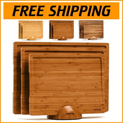Reversible Bamboo Wood Cutting Board Set with Holder   Durable Kitchen Essential