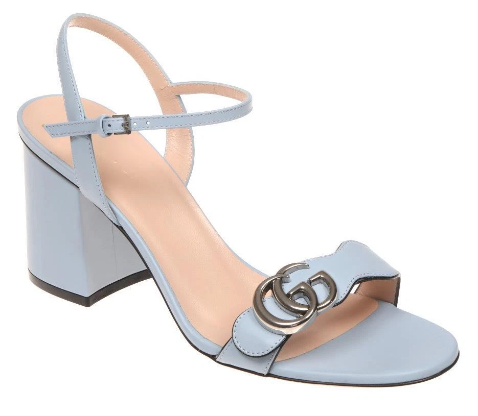 NEW GUCCI LIFFORD PORCVELAIN BLUE LEATHER GG MID HEEL SANDALS