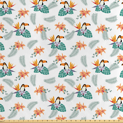 Vögel Satin Stoff als Meterware Foxwood und Orchideen-Blumen