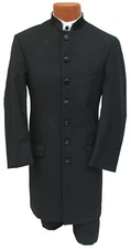 Men's Long Black Tuxedo Jacket Frock Coat with Satin Mandarin Nehru Collar 42L