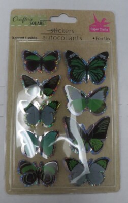 CRAFTERS SQUARE 176130 2105 POP-UP GREEN BUTTERFLY STICKERS W/3D WINGS 9 PC NEW