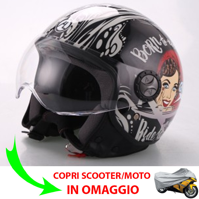 Casco Jet per Scooter Moto Nero Old Style Vintage da Donna Ragazza con Visiera