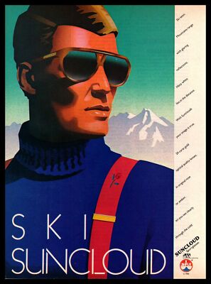 1986 Suncloud Sportglasses Ski Aviator Sunglasses Skier Art Vintage Print Ad