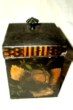 1870s Americana Toleware Alligatored Tea Canister HP Primitive Gilt Fruit Signed