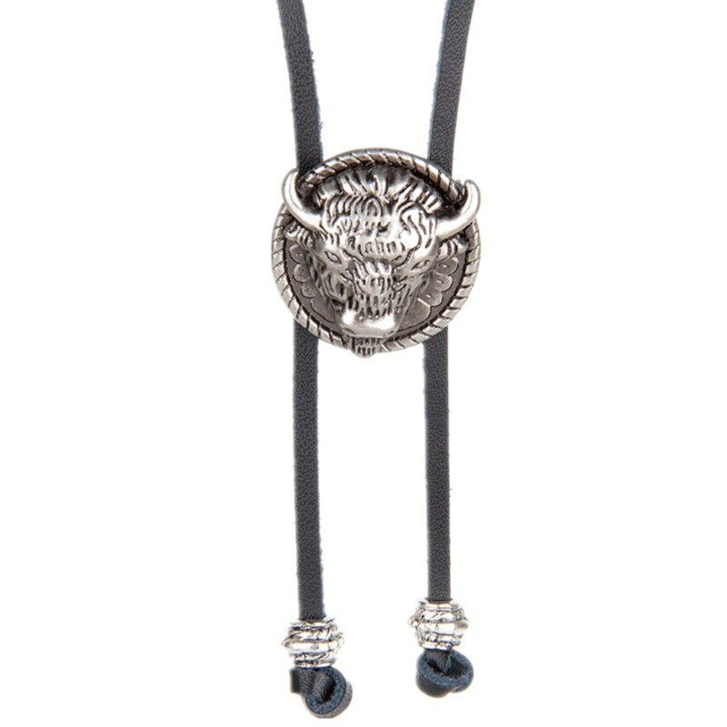 Mens Leather Cow Head Bolo Tie Necklace Jewelry Western Cowboy Fashion