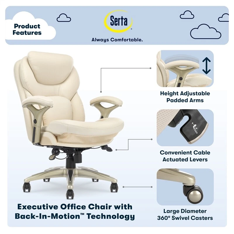 Serta Claremont Back in Motion Office Chair in Ivory White Bonded