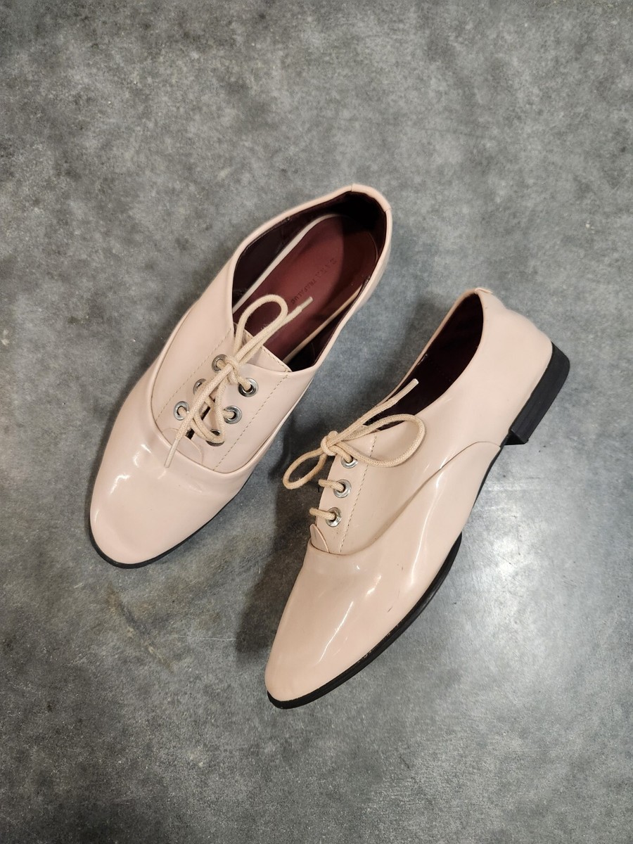 Zara Size US 6/Eu 36 Cream Patent Faux Leather Lace Up Ballet