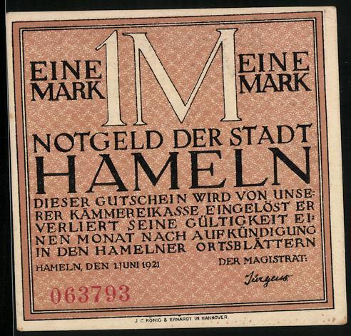 Notgeld Hameln 1921, 1 Mark, Denkstein der Siebenlinge  - Bild 1 von 2
