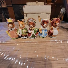 Vintage Schmid mouse Christmas holiday ceramic ornaments , set of 5, new in box