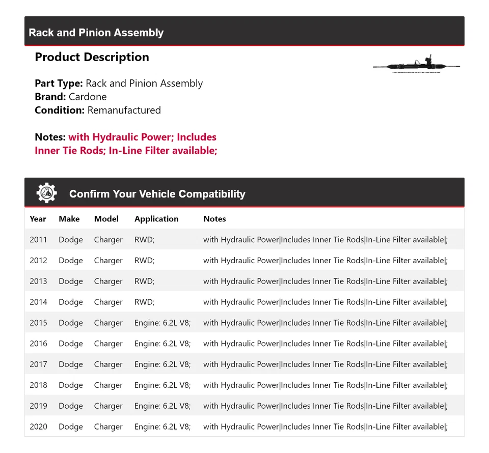 Conjunto de piñón y cremallera para Dodge Charger 2011-2020 Cardone 2012 2013 2014 2015 Foto 2 de 4