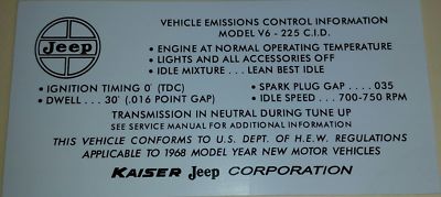 Jeepster/Commando/Jeep CJ5/6 Tune Up Specs/Emissions Decal Dauntless 225 V6 1968