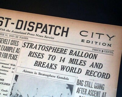 EXPLORER II High-Altitude Balloon Record Flight to Stratosphere 1935 Newspaper