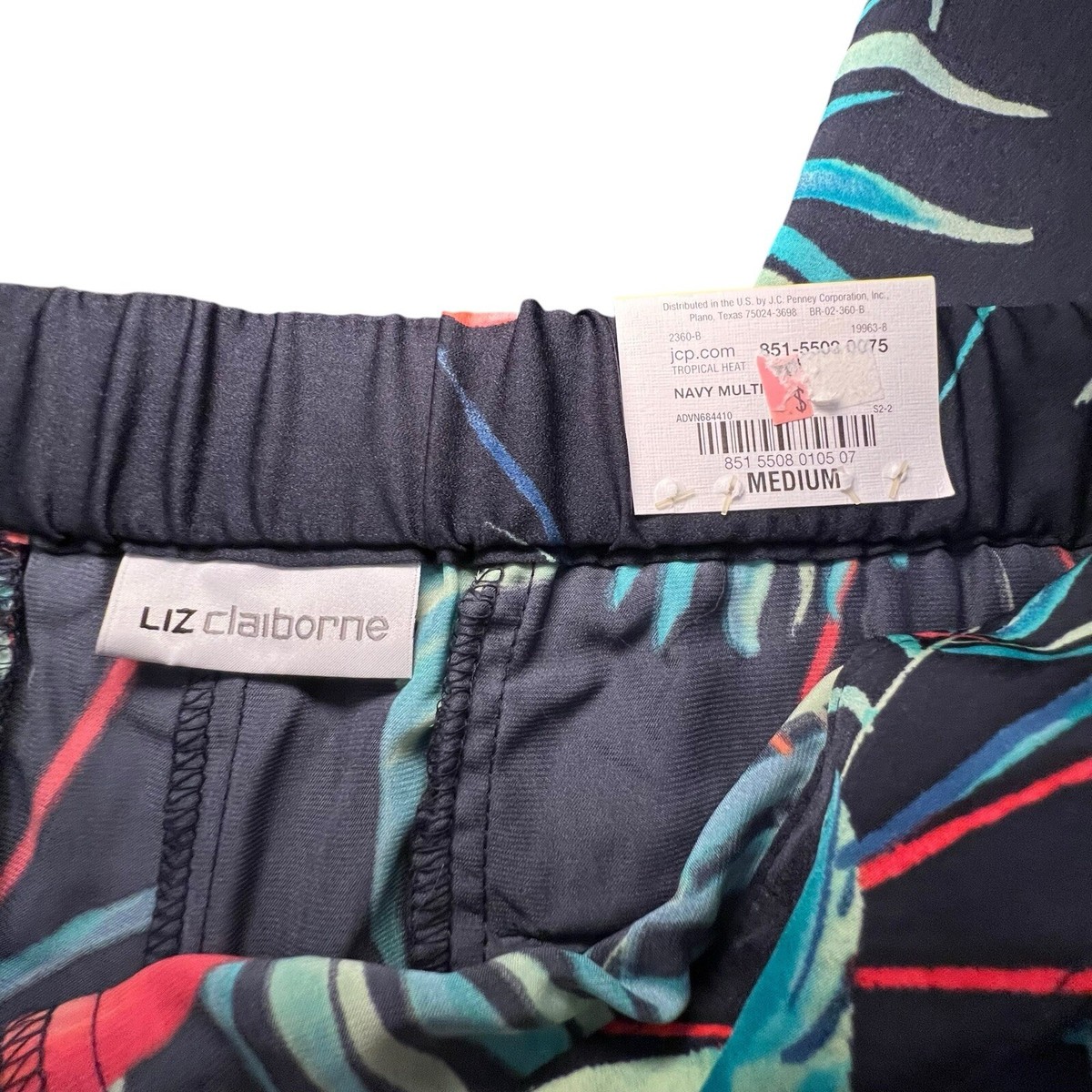 Liz Claiborne Navy Blue Floral PANTS Wide Leg Elastic Waist Medium