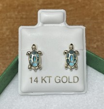 Turtle Light Blue Aquamarine Stud Earrings 14K Solid Gold With Safety Backing