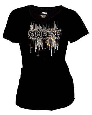 New Bling Queen Decor Women's Tops Rhinestone Shirt, Short T-Shirt XS~4XL