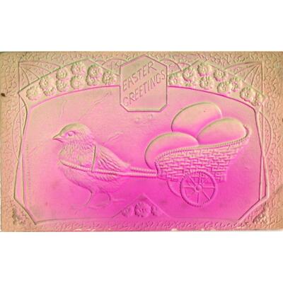 Easter Postcard Sanders N.Y. Chick Basket Carriage Eggs Pink Air bushed Embossed