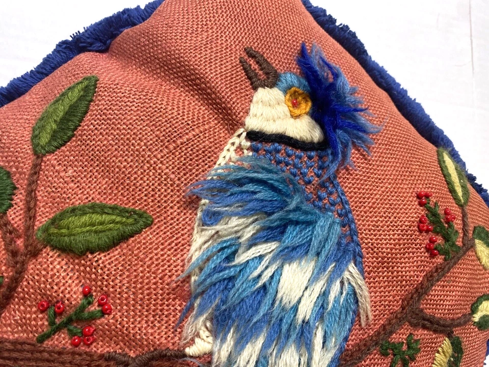 Vintage Handmade Bird Pillow Cover Case Needlepoint Applique Tropical Rare Zip - Image 2 of 4