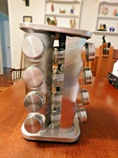 NEW SOFIA*SAM SPICE RACK, 12 JARS, GLASS AND STAINLESS ON SPINNING WHEEL