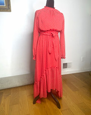 BCBGMAXAZRIA Women’s Red/White Polka Dot Long Sleeve Maxi Dress Ruffle XS