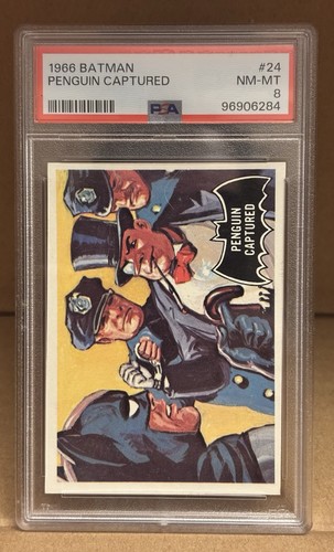 1966 Topps Batman Black Bat #24 Penguin Captured — PSA 8