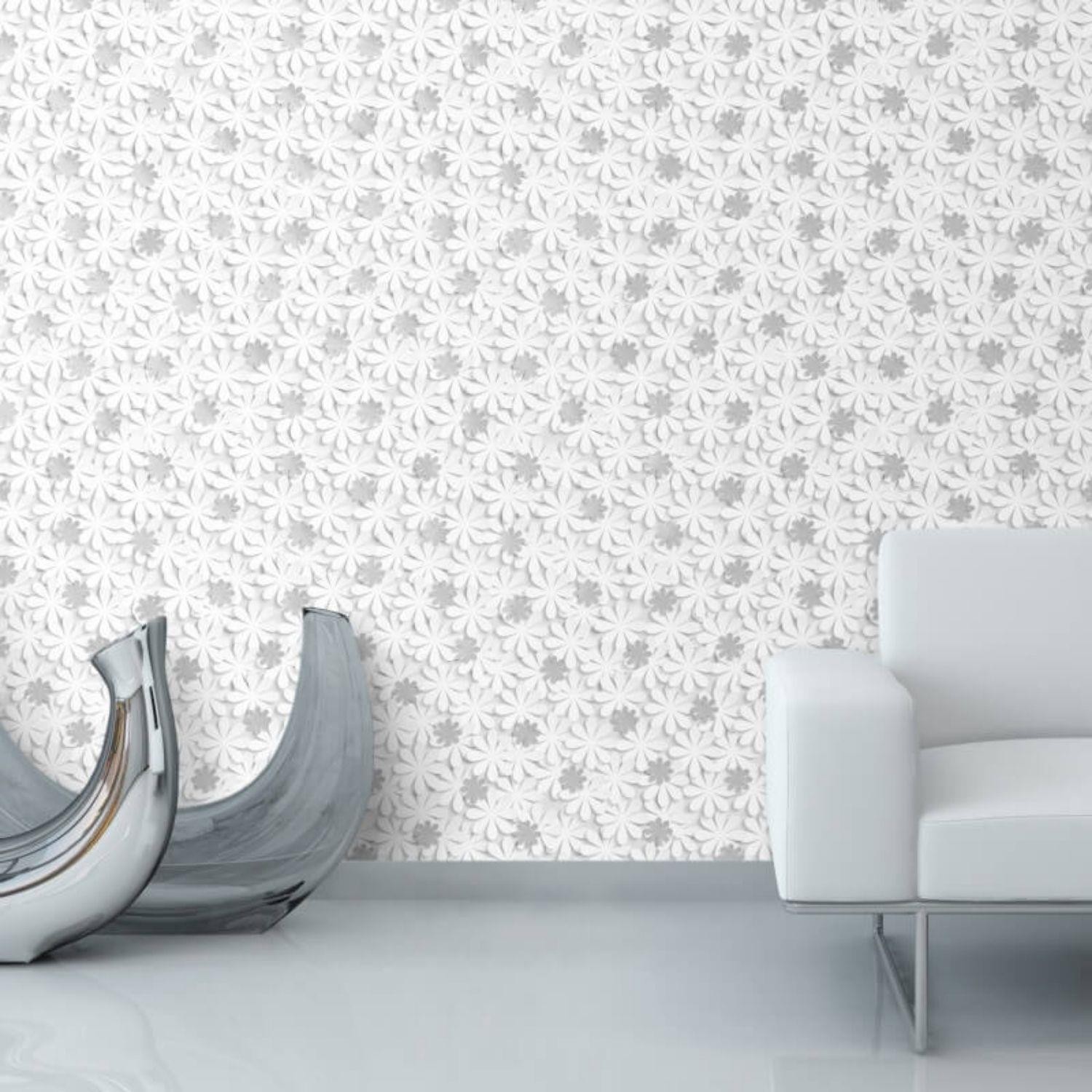 White Silver 3D Daisy Wallpaper Floral Smooth Finish Modern Decor