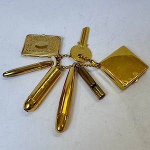 Vtg Gold Tone Charmore Keychain Chatelaine Whistle Compact Pencil Perfume Vial