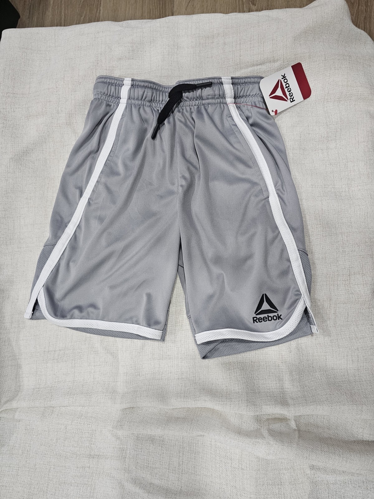 Reebok Kids Gray Athletic Training Shorts S Polyester Drawstring White Trim thumbnail 2