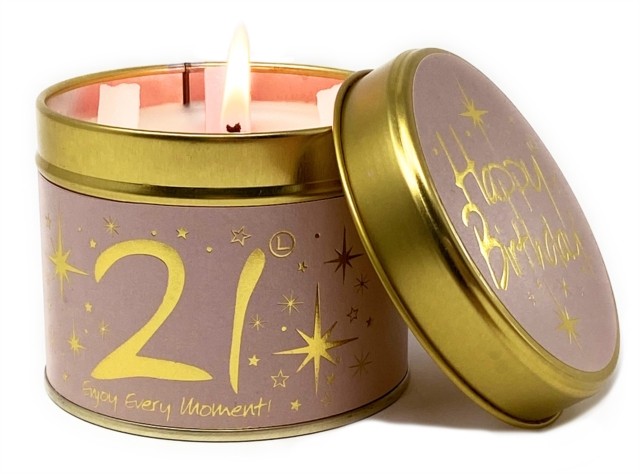 Lily Flame Happy Birthday 21st Scented Candle Tin - A Warm, Sweet Powdery Scent with Gold on Powder Pink - Cruelty Free and Vegan Friendly - Image 2