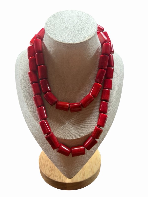 Vintage Natural Red Coral Barrel Bead Necklace 24” Handknotted 175.2g 