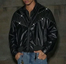 New Men Luxury Diamond Rhinestones Fashion Black Zip Coat High Quality Jacket