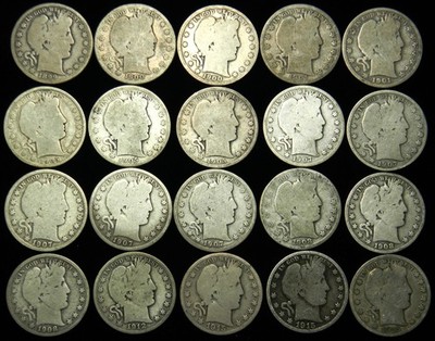 1899-1915 BARBER SILVER HALF DOLLAR ROLL OF 20 COINS GRADES ARE G GOOD