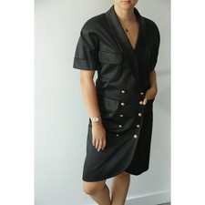 Chanel Vintage Black Blazer Style Dress Women's FR 40 Gold Buttons Short Sleeve