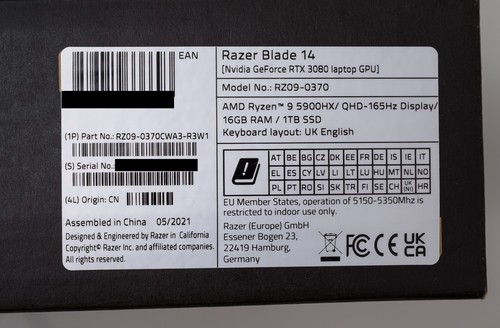 Razer Blade 14 Laptop AMD Ryzen 9 5900HX CPU, RTX 3080 GPU, 16GB RAM, 1TB SSD - Picture 19 of 19